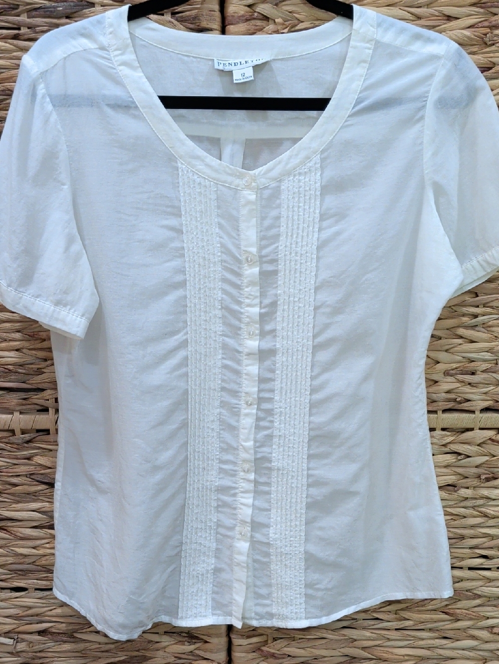 Pendleton Cream Pintuck Button-Front Short Sleeve Blouse Silk Cotton Blend